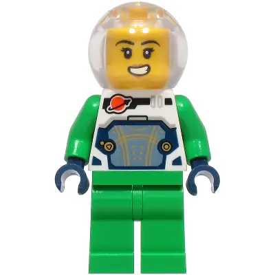  Astronaut - Female, White Spacesuit with Bright Green Arms, Bright Green Legs, Trans-Clear Fishbowl Helmet