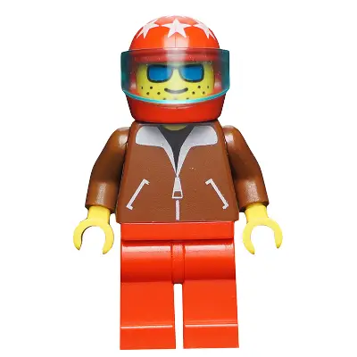  Jacket Brown - Red Legs, Red Helmet 7 White Stars, Trans-Light Blue Visor, Blue Sunglasses