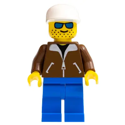  Jacket Brown - Blue Legs, Blue Sunglasses, White Cap