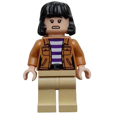  Yasmina 'Yaz' Fadoula - Medium Nougat Jacket over Dark Purple and White Striped Shirt, Tan Legs