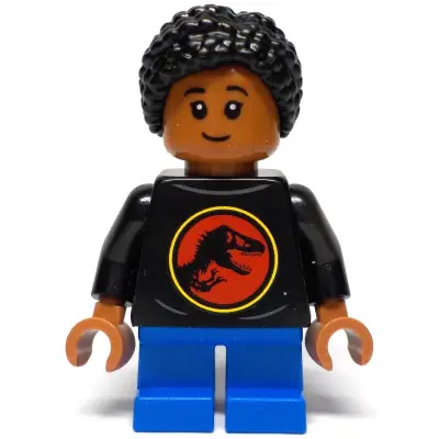  Junior Paleontologist - Girl, Black Shirt with Jurassic Park Logo, Blue Short Legs, Black Hair Braided with Knot Bun