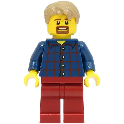  LEGOLAND Park Male, Dark Blue Plaid Button Shirt with Narrow Neck, Dark Tan Short Tousled Hair, Goatee