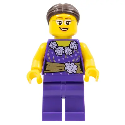  LEGOLAND Park Female, Dark Purple Blouse with Gold Sash and Flowers, Dark Brown Hair