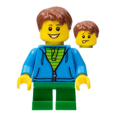  LEGOLAND Park Boy with Reddish Brown Hair, Hoodie with Zipper over Lime and Green Striped Shirt and Green Legs