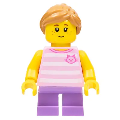  Child - Girl, Bright Pink Striped Shirt with Cat Head, Medium Lavender Short Legs, Medium Nougat Ponytail, Freckles