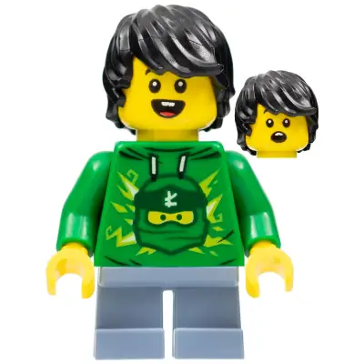  LEGOLAND Park Boy with Black Hair, Green Ninjago Hoodie, Sand Blue Short Legs