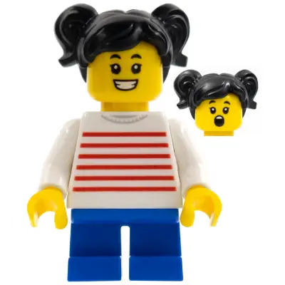  Child - Girl, White Sweater with Red Horizontal Stripes, Blue Short Legs, Black Hair with Pigtails