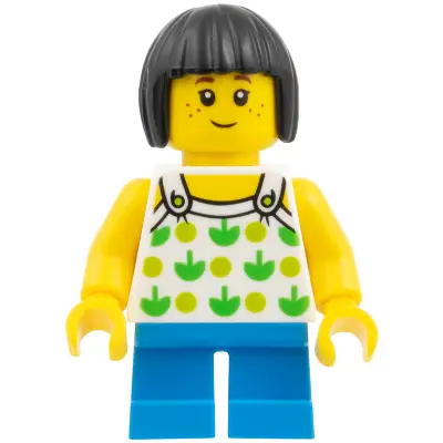  Child - Girl, White Halter Top with Green Apples and Lime Spots, Dark Azure Short Legs, Black Bob Cut Hair, Freckles