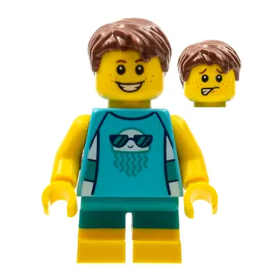  LEGOLAND Park Boy with Reddish Brown Hair, Medium Azure Sleeveless Jellyfish Shirt, Dark Turquoise Short Legs