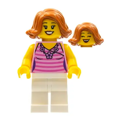  LEGOLAND Park Female with Dark Orange Hair, Bright Pink Striped Shirt, White Legs