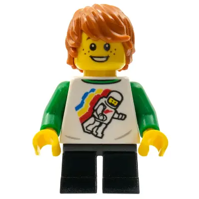  Child - Boy, Classic Space Shirt with Minifigure Floating and Back Print, Black Short Legs, Dark Orange Tousled Hair, Freckles