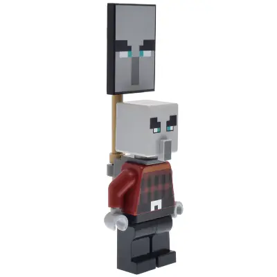  Illager (Pillager) - Narrow Eyes, Dark Bluish Gray Neck Bracket and Tile with Clip, Ominous Banner