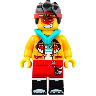  Monkie Kid - Bright Light Orange Open Jacket with Monkey Head Logo, Dark Turquoise Hood, Neutral / Angry with Red Face Paint