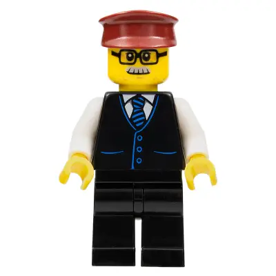  Train Driver - Male, Black Vest with Blue Striped Tie, Black Legs, Dark Red Hat, Glasses and Moustache