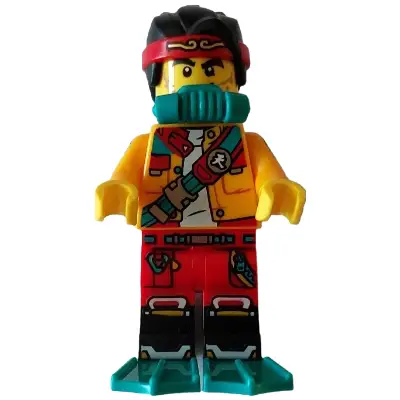  Monkie Kid - Bright Light Orange Open Jacket with Shoulder Strap, Dark Turquoise Scuba Breathing Regulator and Flippers, Open Mouth