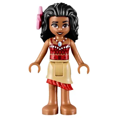  Moana (Medium Nougat) - Mini Doll, Dark Red and Red Top with Strap, Tan Layered Skirt with Red Ruffle, Black Hair, Bright Pink Flower