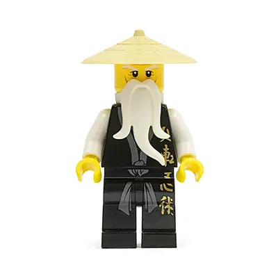  Wu Sensei - Black Kimono with Gold Symbols, Dark Bluish Gray Sash, Tan Asian Hat, White Beard