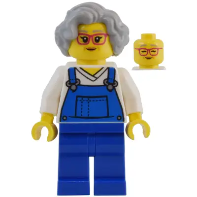  Street Vendor - Female, Blue Overalls over V-Neck Shirt, Blue Legs, Light Bluish Gray Hair, Glasses