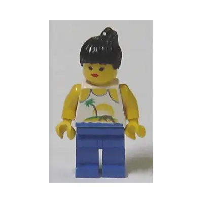  Island with Palm and Sun - Blue Legs, Black Ponytail Hair