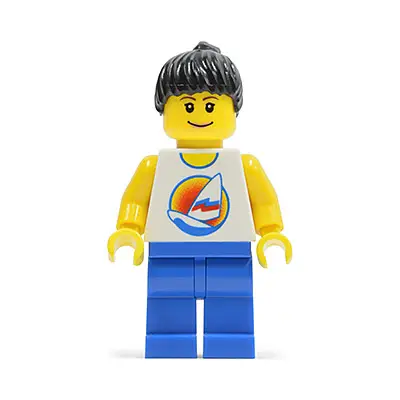  Surfboard on Ocean - Blue Legs, Black Ponytail Hair