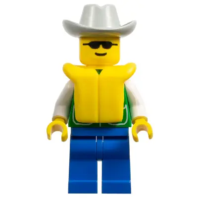  Jacket Green with 2 Large Pockets - Blue Legs, Light Gray Cowboy Hat, Life Jacket