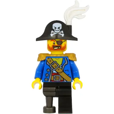  Pirate Captain - Bicorne Hat with Skull and White Plume, Pearl Gold Epaulettes, Blue Open Coat, Black Leg and Pearl Dark Gray Peg Leg