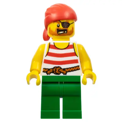  Pirate - Male, Red Bandana, White Shirt with Red Stripes, Green Legs, Eye Patch
