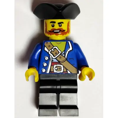 Pirate - Male, Black Tricorne, Dark Orange Beard and Moustache, Blue Open Coat, Medium Nougat Belt, Black Legs