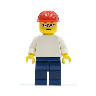  Plain White Torso with White Arms, Dark Blue Legs, Red Construction Helmet, Glasses