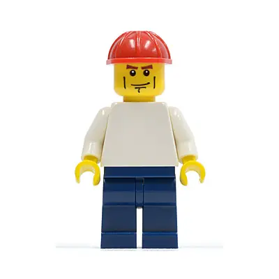 Plain White Torso with White Arms, Dark Blue Legs, Red Construction Helmet, Vertical Cheek Lines