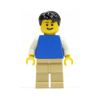  Plain Blue Torso with White Arms, Tan Legs, Black Short Tousled Hair