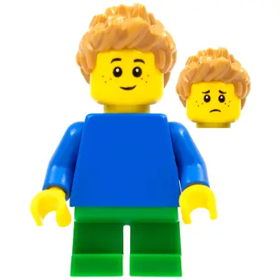  Child - Boy, Plain Blue Torso with Blue Arms, Green Short Legs, Medium Nougat Spiked Hair, Freckles