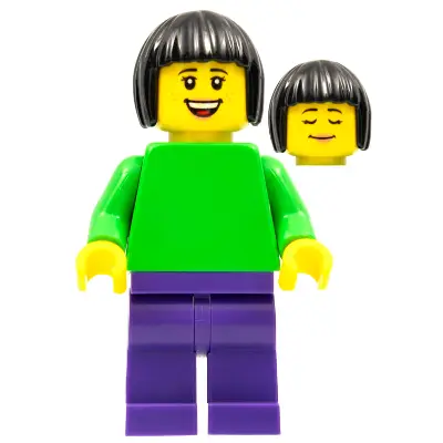  Plain Bright Green Torso with Bright Green Arms, Dark Purple Legs, Black Bobbed Hair