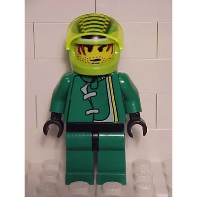  Racer Driver, Green Jacket and Lime Helmet with Black Stripes/White Checkered Lines