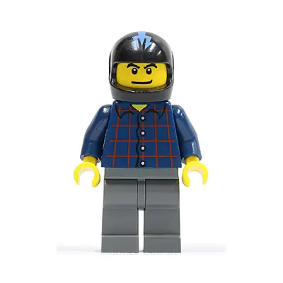  Plaid Button Shirt, Dark Bluish Gray Legs, Black Helmet with Medium Blue Trident (Hot Rod Driver)