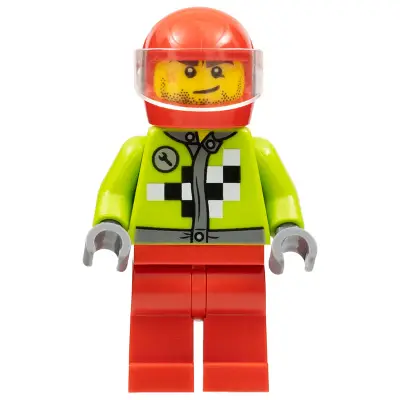  Lime Jacket with Wrench and Black and White Checkered Pattern, Red Legs, Red Helmet, Trans-Clear Visor