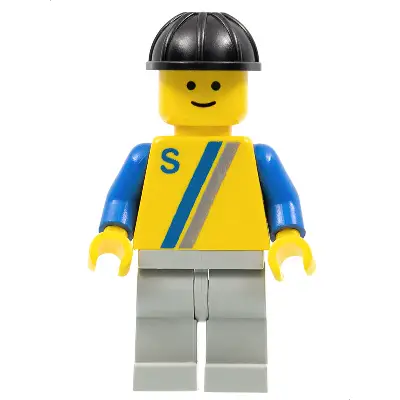  'S' - Yellow with Blue / Gray Stripe, Light Gray Legs, Black Construction Helmet
