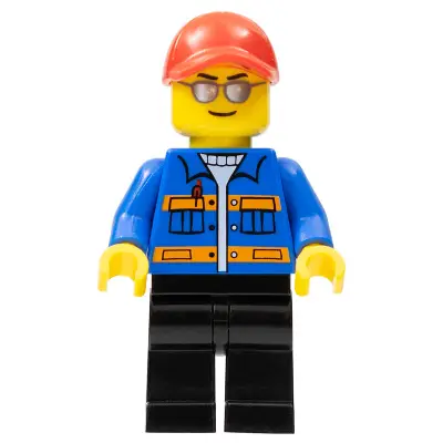  Race Marshal - Blue Jacket with Pockets and Orange Stripes, Black Legs, Red Cap with Hole, Silver Sunglasses