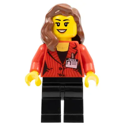  Camerawoman - Red Suit Jacket with Press Pass, Black Legs, Reddish Brown Female Hair over Shoulder, Open Mouth Smile with Dark Orange Lips