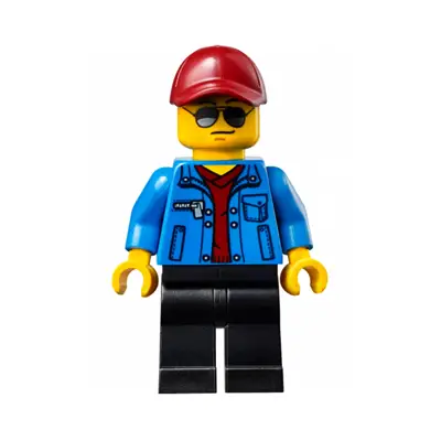  Race Official - Male, Blue Jacket over Dark Red V-Neck Sweater, Black Legs, Dark Red Cap with Hole, Sunglasses