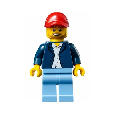  Race Official - Male, Dark Blue Blazer over White Button Down Shirt, Medium Blue Legs, Red Cap with Hole, Beard