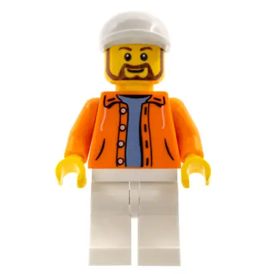  Hot Dog Vendor - Orange Jacket Hoodie over Medium Blue Sweater, White Legs, White Short Bill Cap, Beard