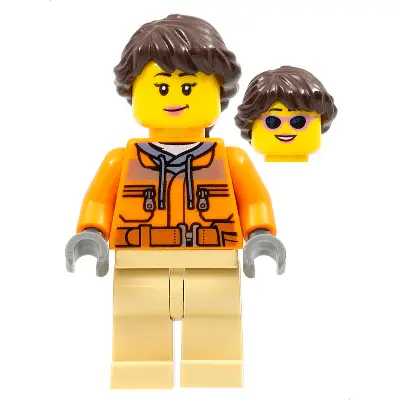  Camerawoman - Orange Safety Jacket, Reflective Stripe, Sand Blue Hoodie, Tan Legs, Dark Brown Hair, Dark Pink Lips