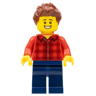  Race Fan - Male, Red Plaid Flannel Shirt, Dark Blue Legs, Reddish Brown Spiked Hair, Open Mouth Smile with Teeth