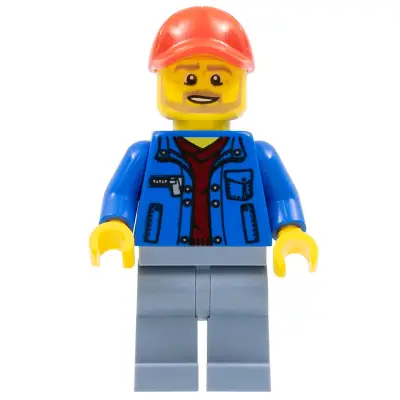  Race Marshal - Male, Blue Jacket over Dark Red V-Neck Sweater, Sand Blue Legs, Red Cap with Hole, Beard