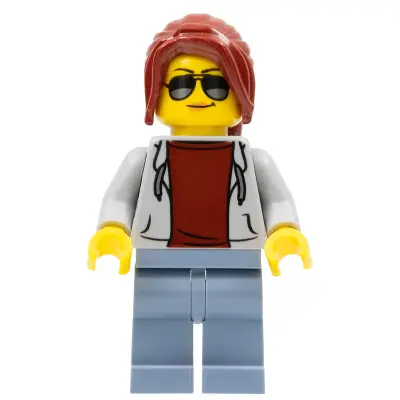  Race Marshal - Female, Light Bluish Gray Hoodie over Dark Red Shirt, Sand Blue Legs, Dark Red Ponytail Long with Side Bangs, Sunglasses and Medium Nougat Lips
