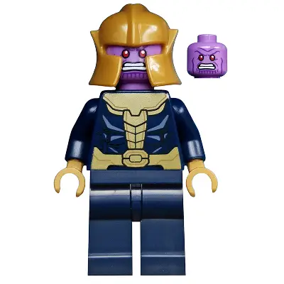  Thanos - Minifigure, Dark Blue and Gold Outfit, Dark Blue Arms, Pearl Gold Hands, Plain Legs, Helmet
