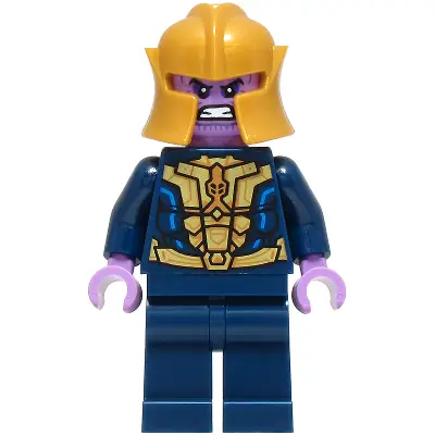  Thanos - Minifigure, Dark Blue and Gold Outfit, Dark Blue Arms, Medium Lavender Hands, Helmet