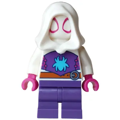  Ghost-Spider (Gwen Stacy) - Dark Purple Medium Legs, White Hood, Medium Azure Spider Logo, Dark Orange Belt