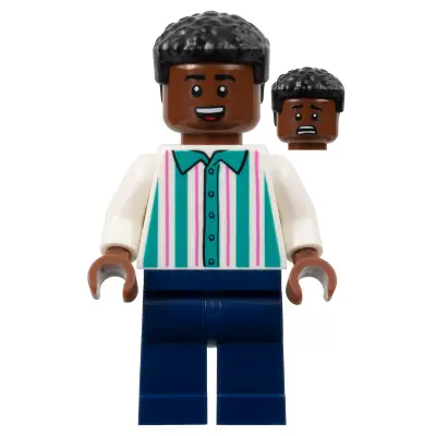  Soccer Spectator - White Shirt with Dark Turquoise and Dark Pink Stripes, Dark Blue Legs, Black Hair